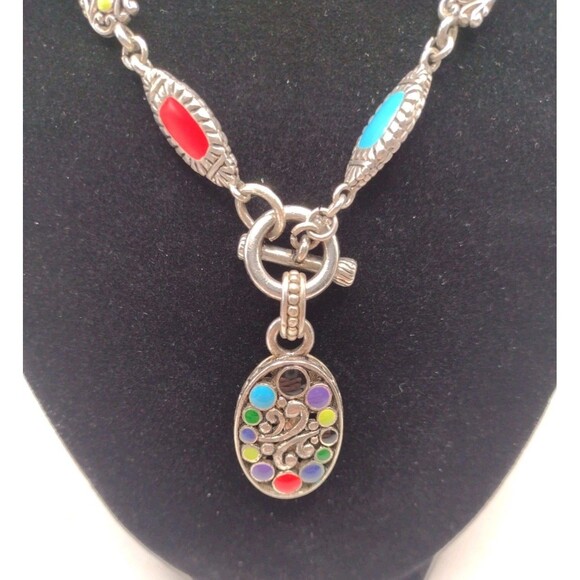 Sterling Silver 18" Necklace 63g Southwestern Enamel Bead 8.6mm Toggle Pendant - Picture 3 of 16